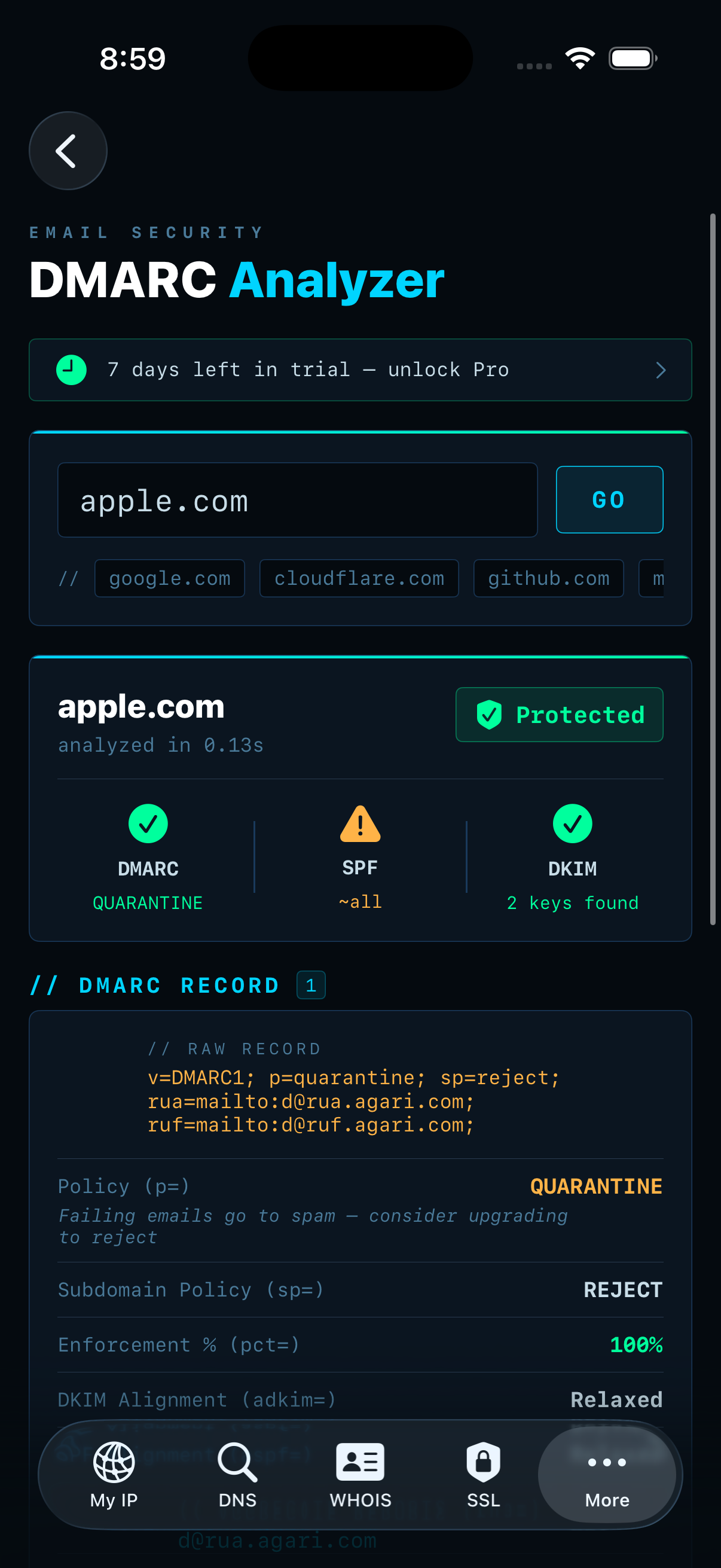 IPSuite DMARC Analyzer — apple.com protected, SPF and DKIM