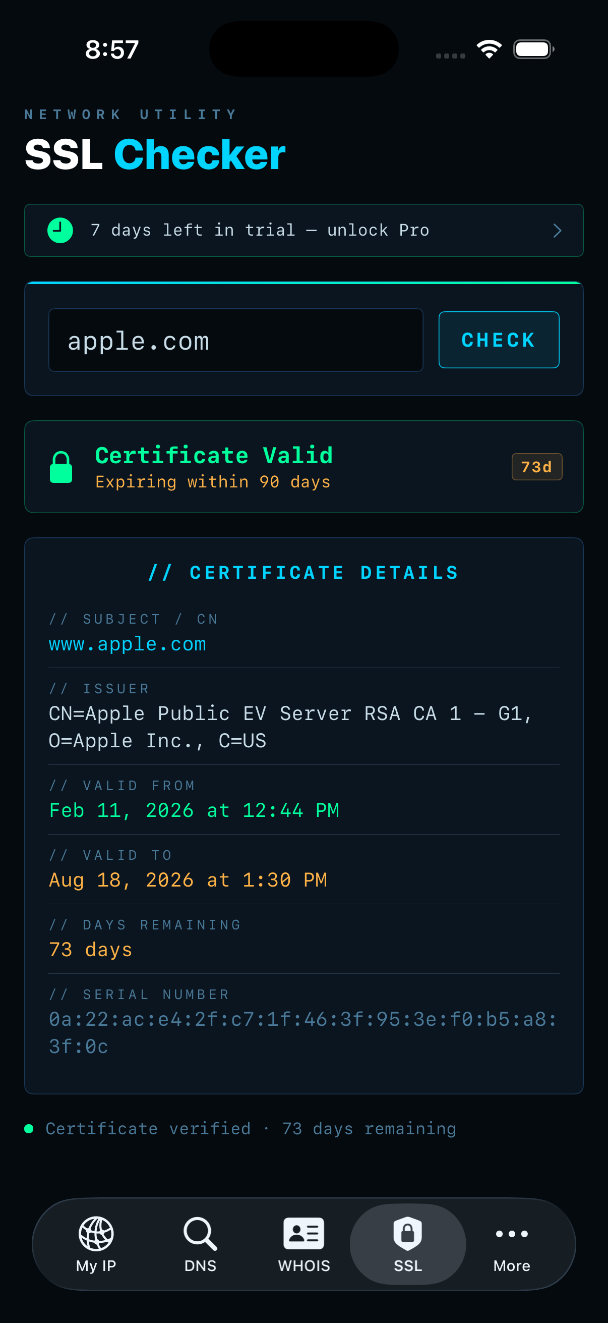 IPSuite SSL Checker showing certificate details for apple.com — valid 73 days